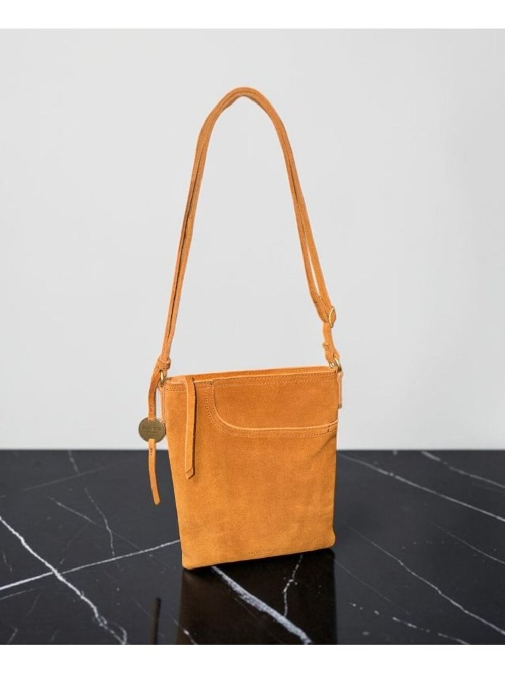 Margot New York Split Pocket Crossbody Cognac Suede Leather Bag Adjustable Strap